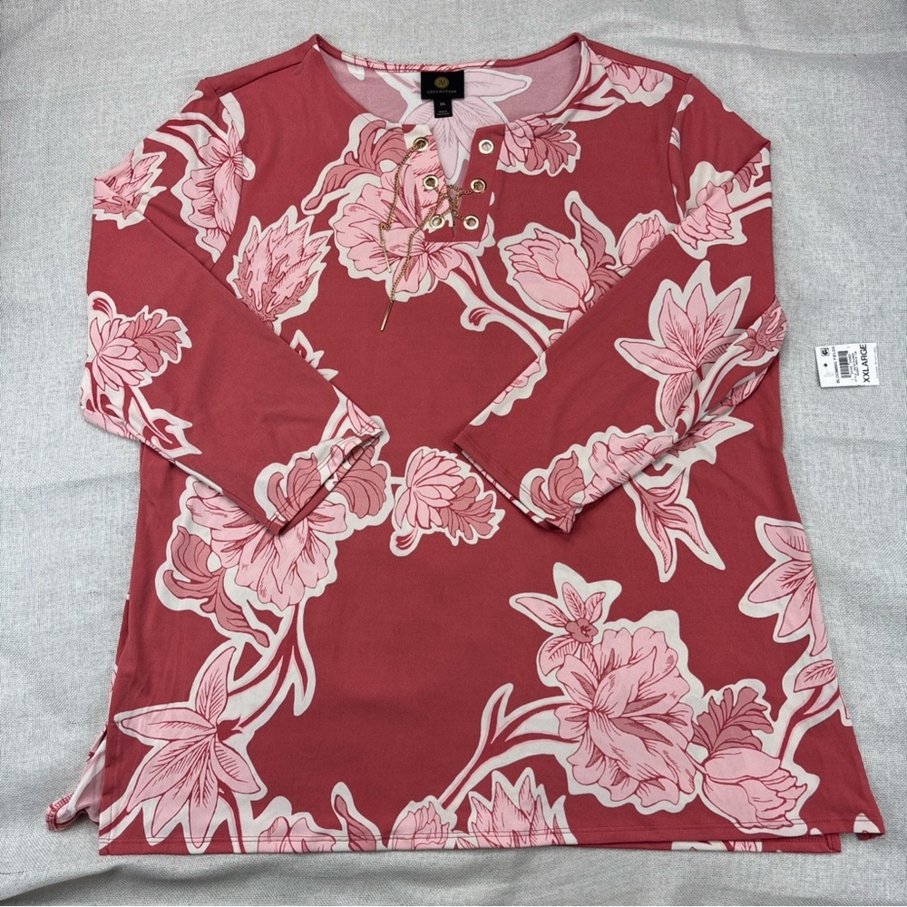 Jm Collection Women's 3/4 Sleeve Printed Chain Lace-up Tunic Size XXL